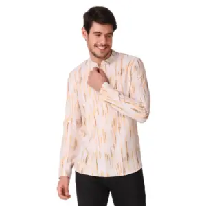 Men's Cotton Rayon Digital Printed Mandarin Collar Short Kurta (Peach)
