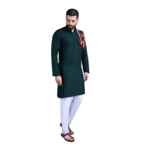 Men's Rayon Mirror Embroidery Mandarin Collar Kurta (Green)