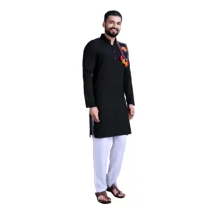 Men's Rayon Mirror Embroidery Mandarin Collar Kurta (Black)