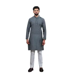 Men's Casual Cotton Printed Full Sleeve Kurta Pyjama Set (Grey)