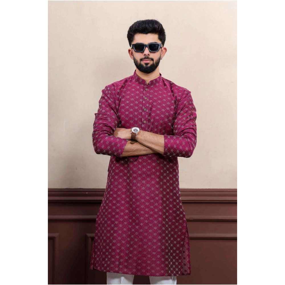 Men's Casual Cotton Printed Full Sleeve Kurta Pyjama Set (Purple) - Image 3