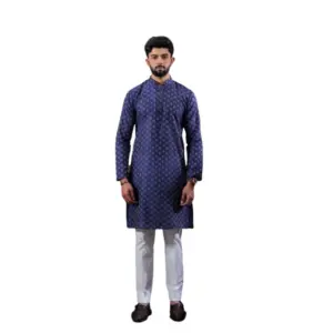 Men's Casual Cotton Printed Full Sleeve Kurta Pyjama Set (Navy Blue)