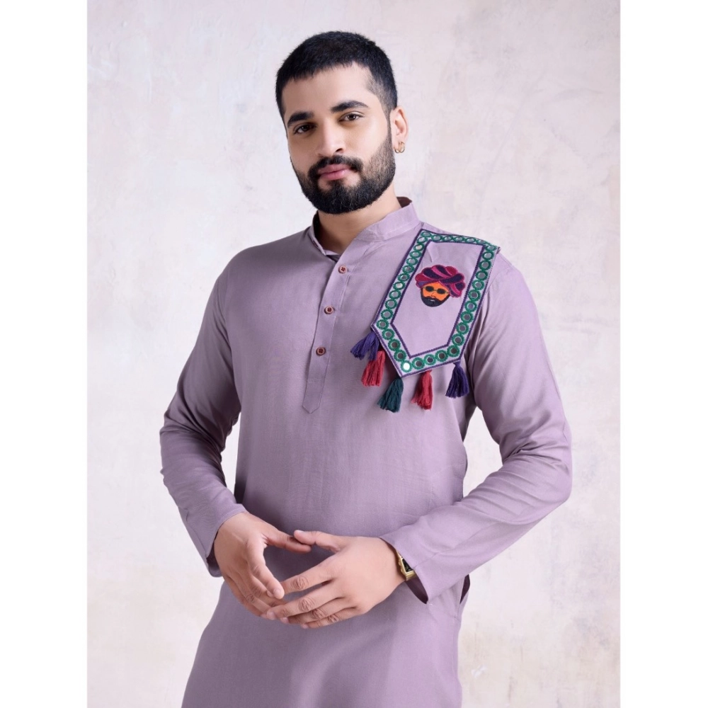 Men's Rayon Mirror Embroidery Mandarin Collar Kurta (Purple) - Image 4