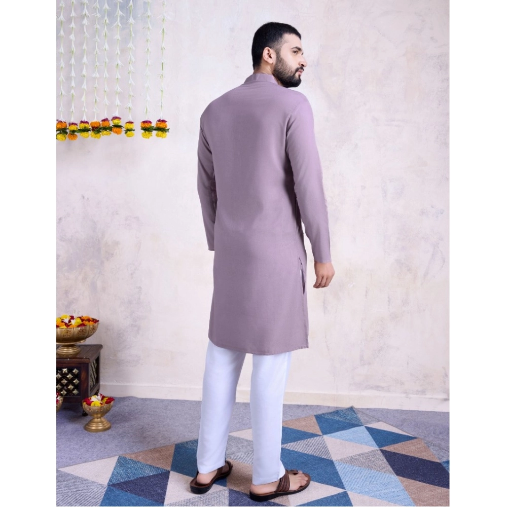 Men's Rayon Mirror Embroidery Mandarin Collar Kurta (Purple) - Image 3