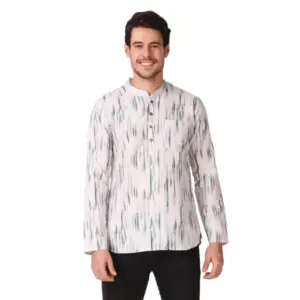 Men's Cotton Rayon Digital Printed Mandarin Collar Short Kurta (Green)