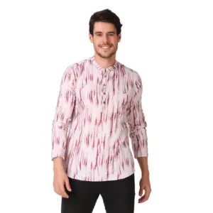 Men's Cotton Rayon Digital Printed Mandarin Collar Short Kurta (Pink)