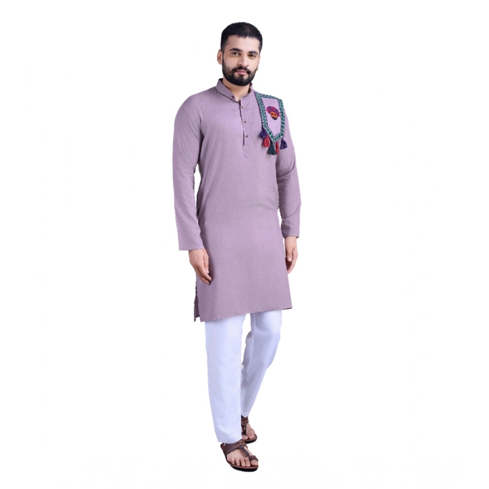 Men's Rayon Mirror Embroidery Mandarin Collar Kurta (Purple)