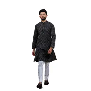 Men's Casual Cotton Printed Full Sleeve Kurta Pyjama Set (Black)