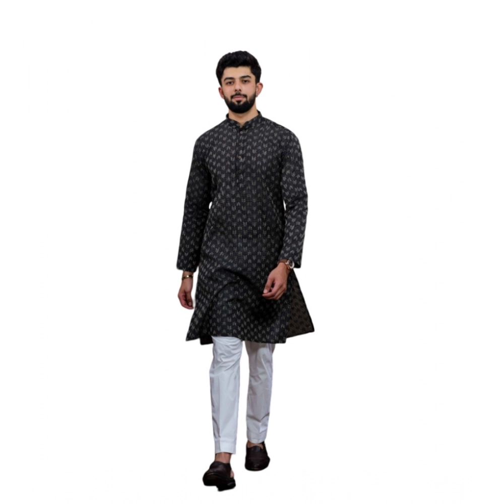 Men's Casual Cotton Printed Full Sleeve Kurta Pyjama Set (Black)