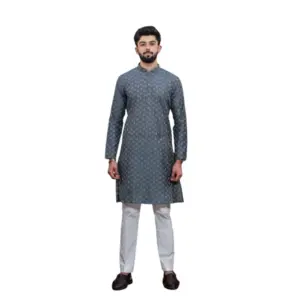 Men's Casual Cotton Printed Full Sleeve Kurta Pyjama Set (Grey)