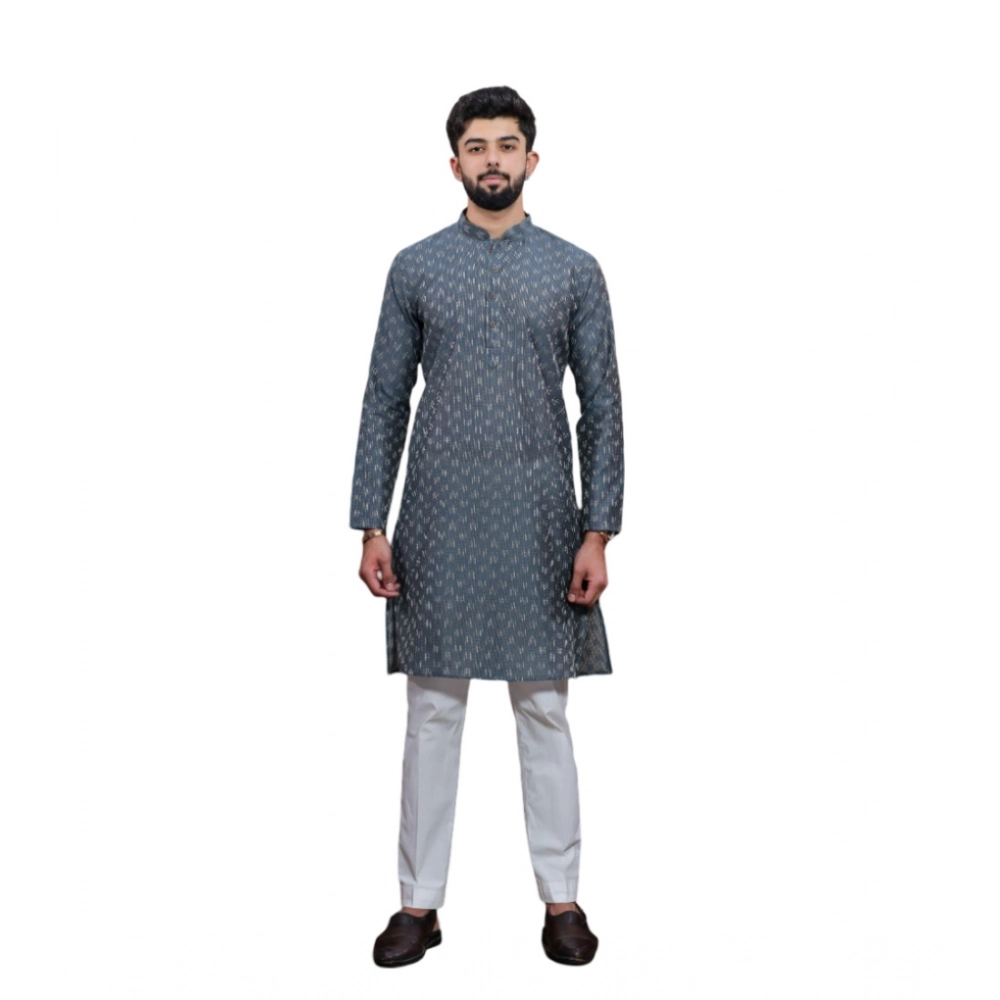 Men's Casual Cotton Printed Full Sleeve Kurta Pyjama Set (Grey)