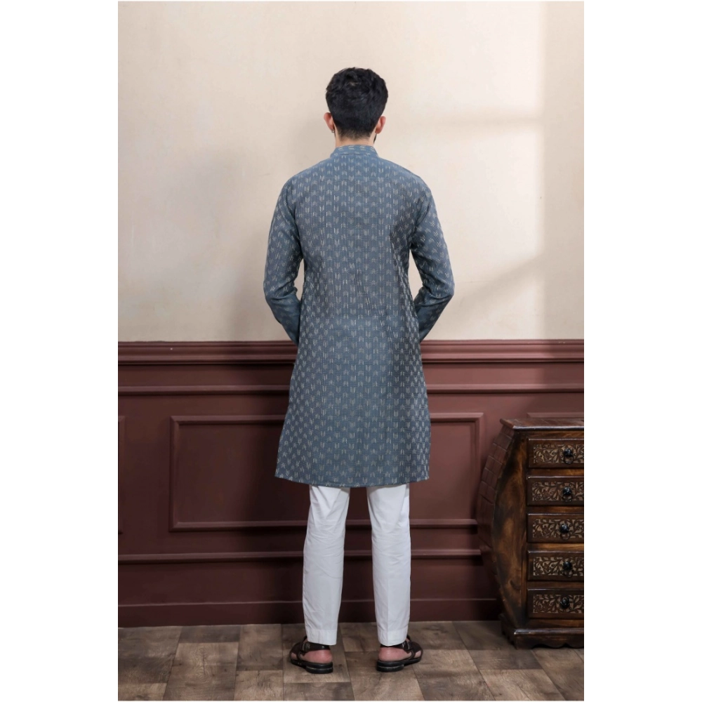 Men's Casual Cotton Printed Full Sleeve Kurta Pyjama Set (Grey) - Image 4