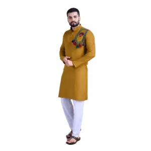 Men's Rayon Mirror Embroidery Mandarin Collar Kurta (Yellow)