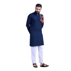 Men's Rayon Mirror Embroidery Mandarin Collar Kurta (Nevy Blue)