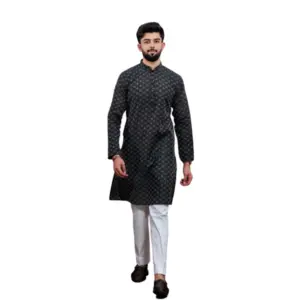 Men's Casual Cotton Printed Full Sleeve Kurta Pyjama Set (Black)