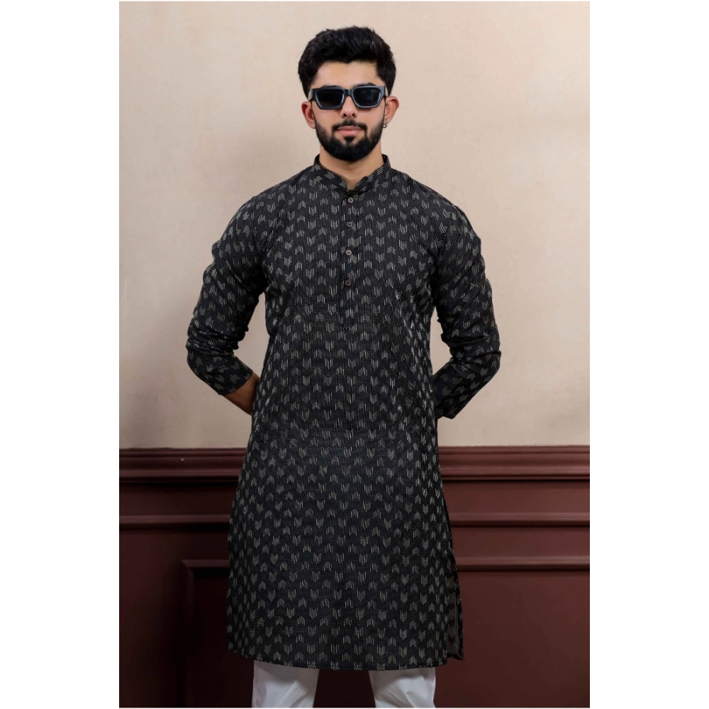 Men's Casual Cotton Printed Full Sleeve Kurta Pyjama Set (Black) - Image 3
