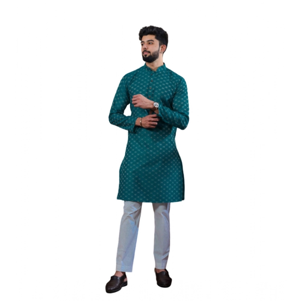 Men's Casual Cotton Printed Full Sleeve Kurta Pyjama Set (Teal)