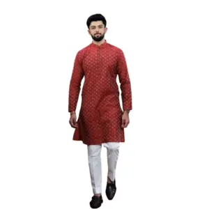 Men's Casual Cotton Printed Full Sleeve Kurta Pyjama Set (Maroon)