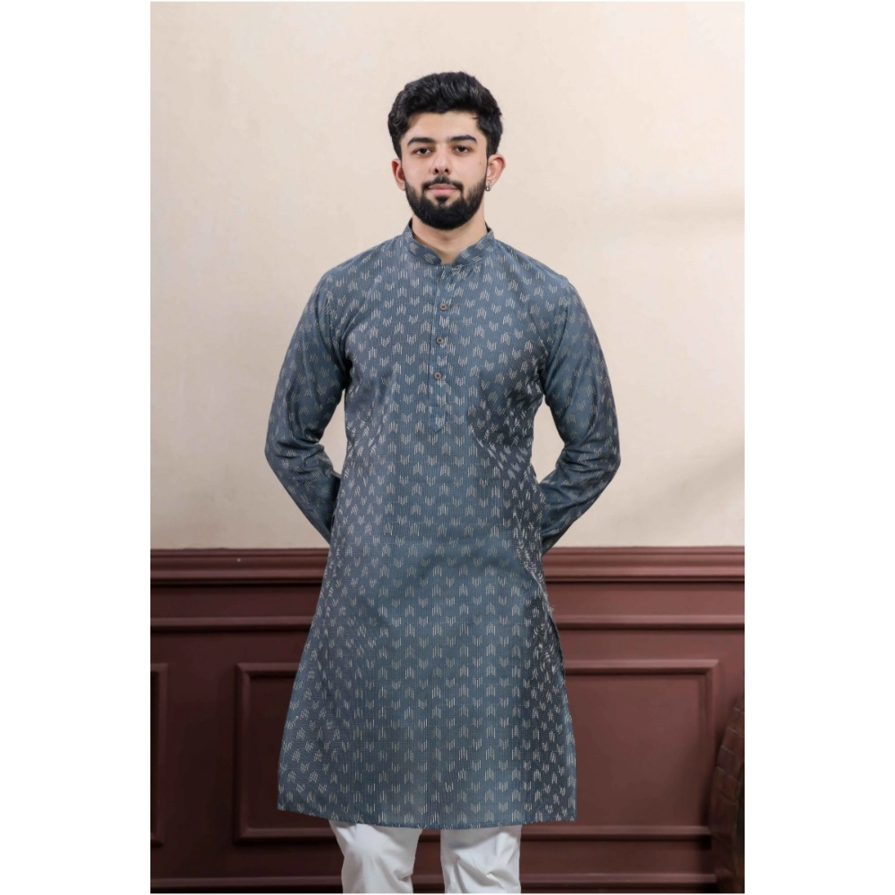 Men's Casual Cotton Printed Full Sleeve Kurta Pyjama Set (Grey) - Image 3