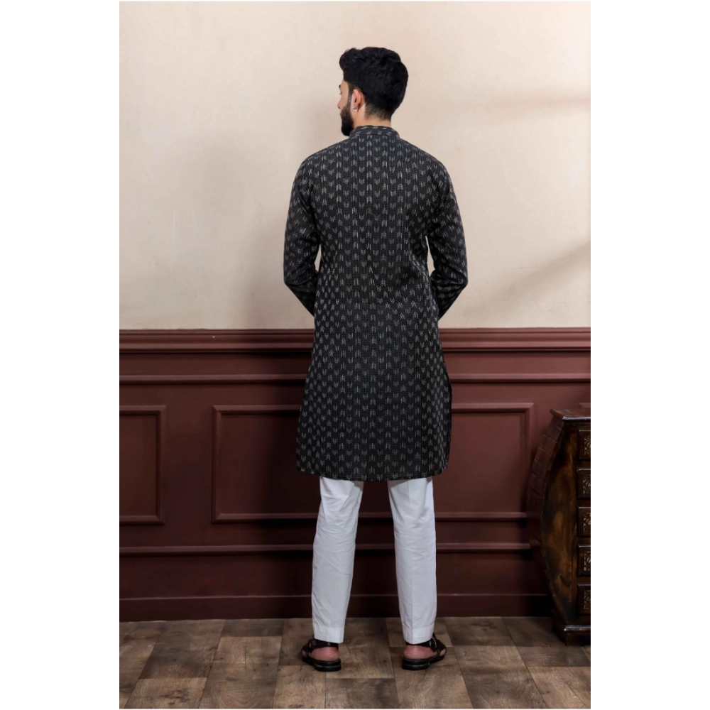Men's Casual Cotton Printed Full Sleeve Kurta Pyjama Set (Black) - Image 4