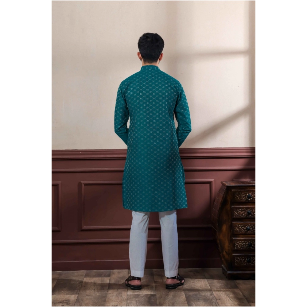 Men's Casual Cotton Printed Full Sleeve Kurta Pyjama Set (Teal) - Image 4