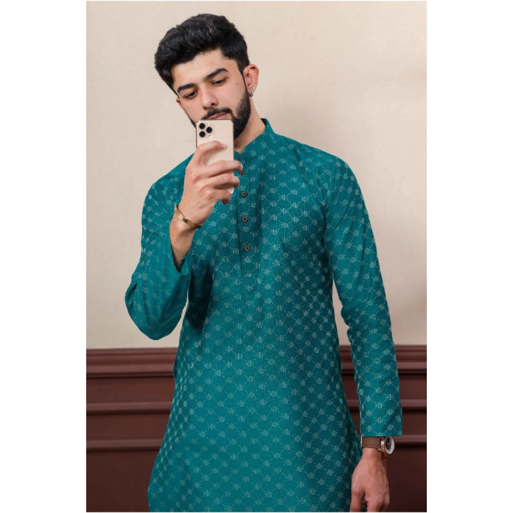 Men's Casual Cotton Printed Full Sleeve Kurta Pyjama Set (Teal) - Image 3