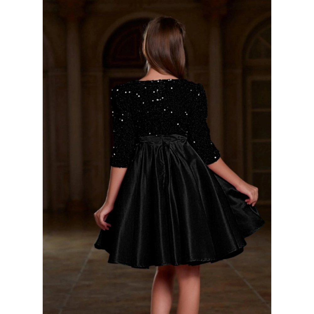 Girl's Rayon Solid Round Neck Western Dress (Black) - Image 4