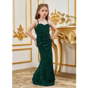 Girl's Rayon Solid Off Sholder Western Dress (Green)