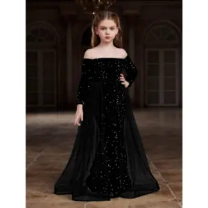 Girl's Rayon Solid Off Sholder Western Dress (Black)