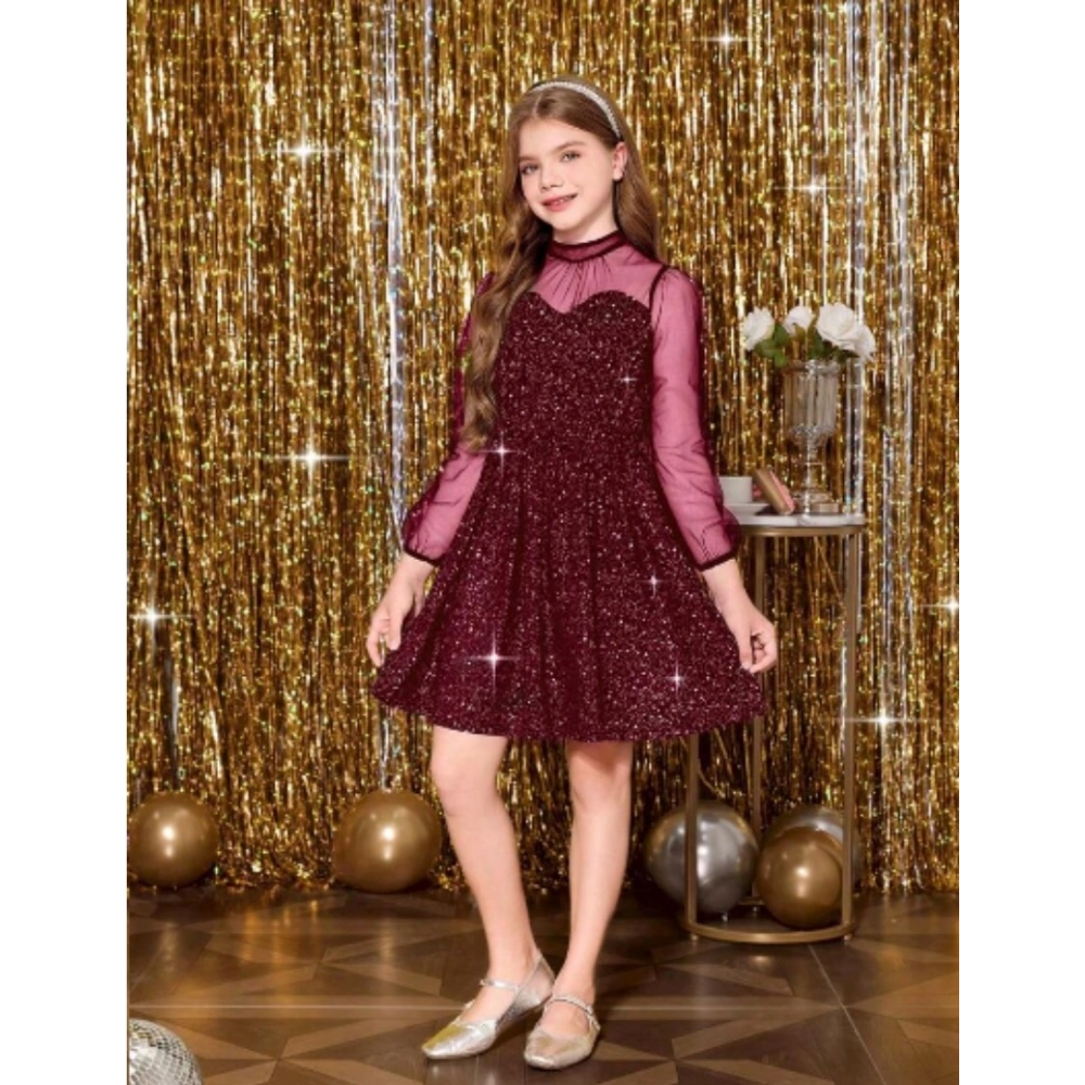 Girl's Rayon Solid Round Neck Western Dress (Maroon) - Image 3
