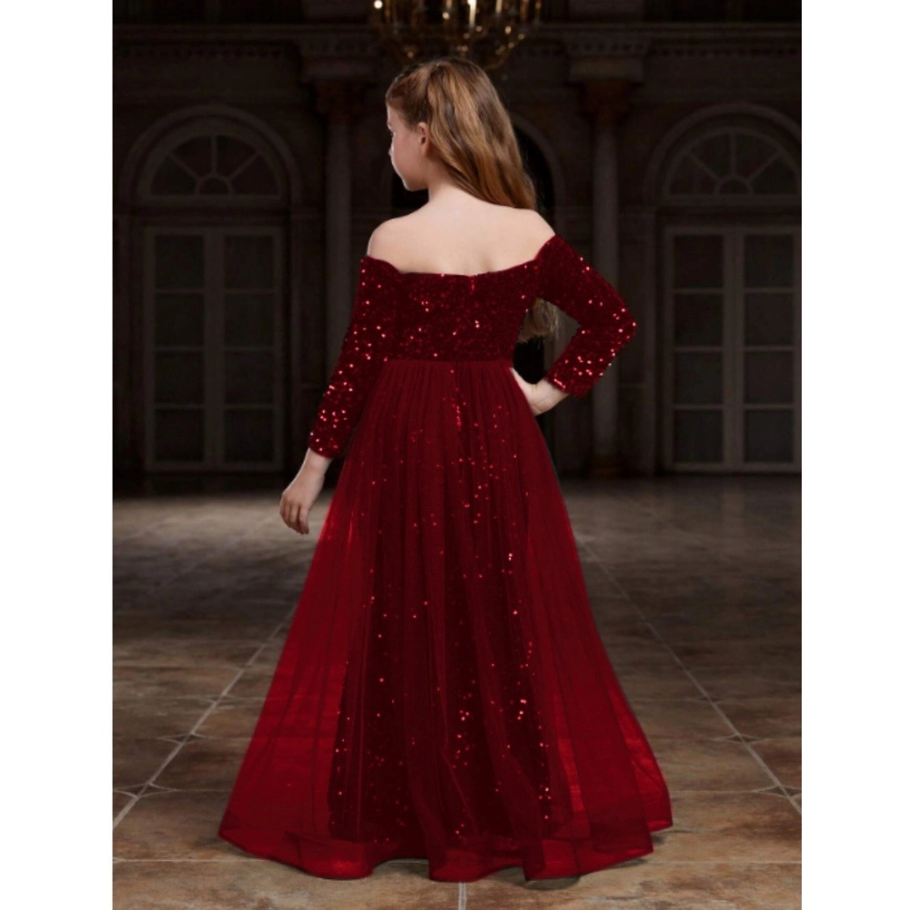 Girl's Rayon Solid Off Sholder Western Dress (Maroon) - Image 4