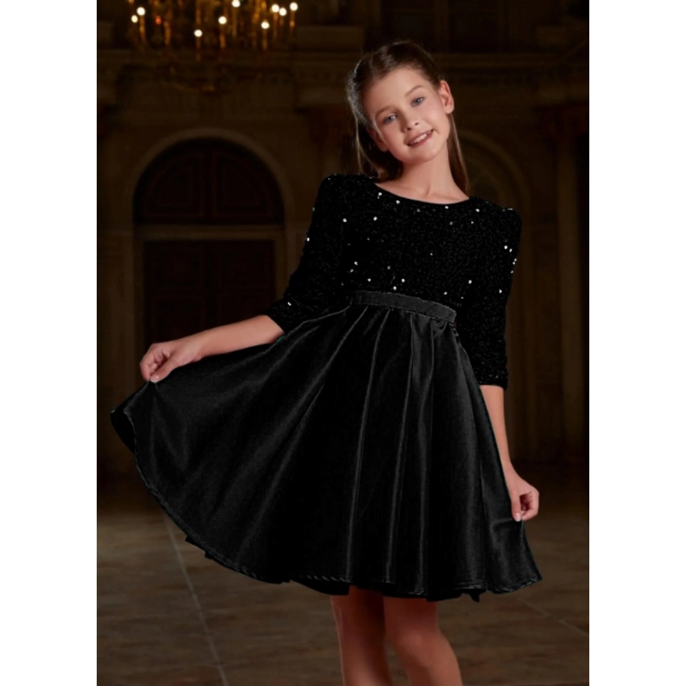 Girl's Rayon Solid Round Neck Western Dress (Black) - Image 3