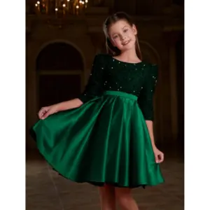 Girl's Rayon Solid Round Neck Western Dress (Green)