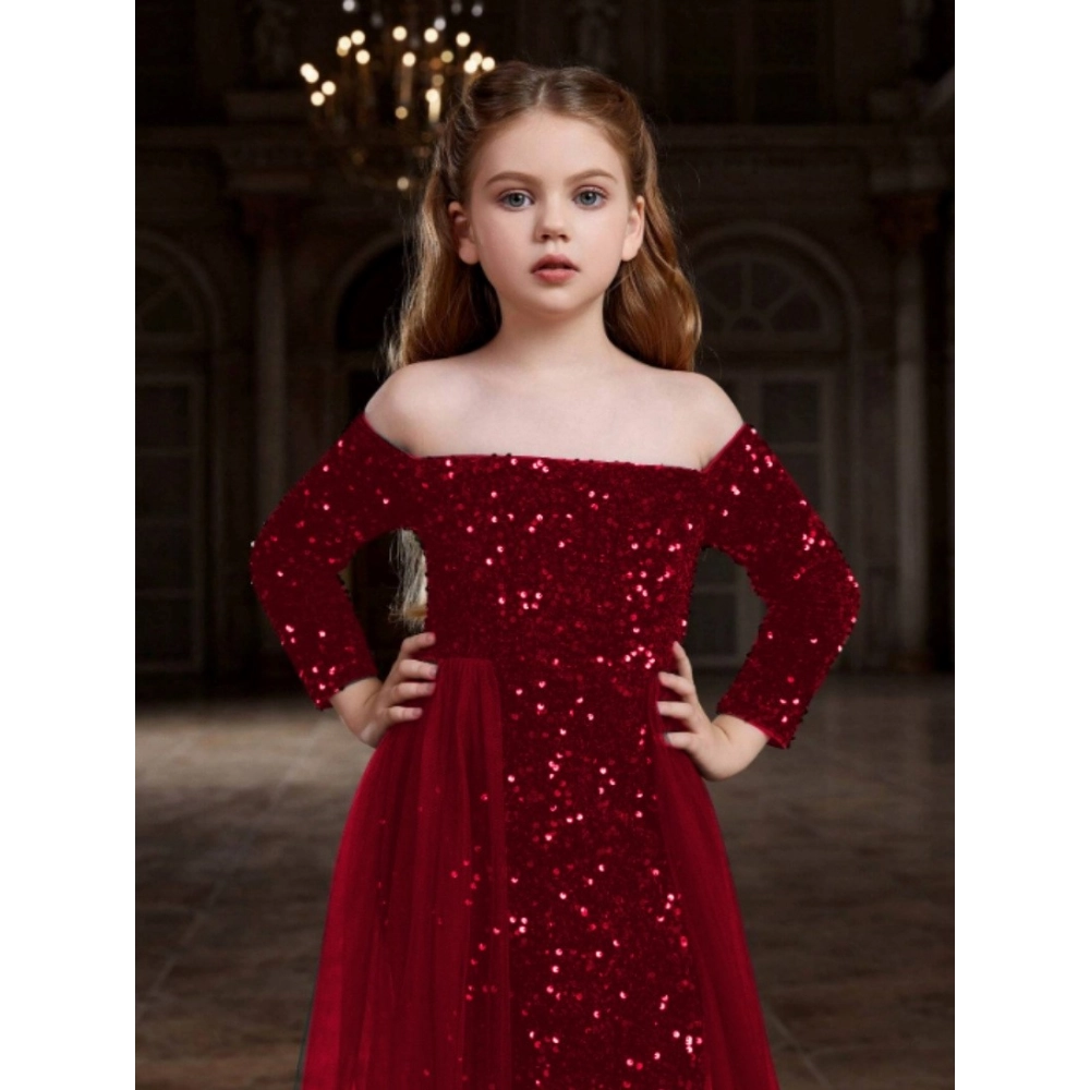 Girl's Rayon Solid Off Sholder Western Dress (Maroon) - Image 3