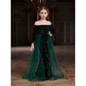 Girl's Rayon Solid Off Sholder Western Dress (Green)