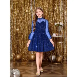 Girl's Rayon Solid Round Neck Western Dress (Blue)
