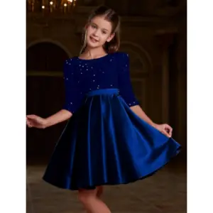 Girl's Rayon Solid Round Neck Western Dress (Blue)