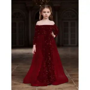 Girl's Rayon Solid Off Sholder Western Dress (Maroon)