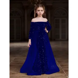 Girl's Rayon Solid Off Sholder Western Dress (Blue)