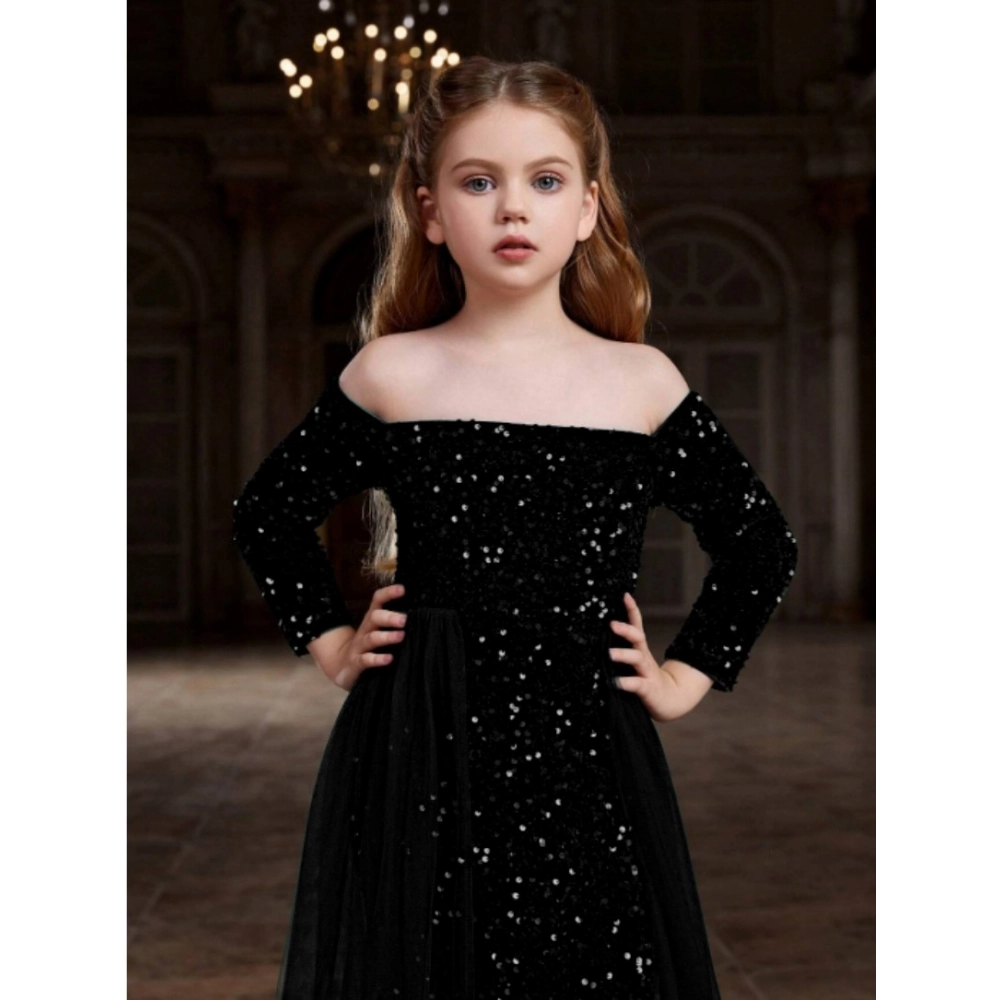 Girl's Rayon Solid Off Sholder Western Dress (Black) - Image 3