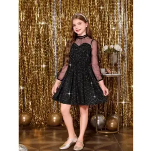 Girl's Rayon Solid Round Neck Western Dress (Black)