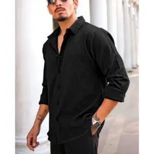 Men's Casual Popcorn Self-design Full Sleeve Collar Shirt (Black)