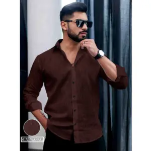 Men's Casual PollyCotton Self-design Full Sleeve Collar Shirt (Brown)