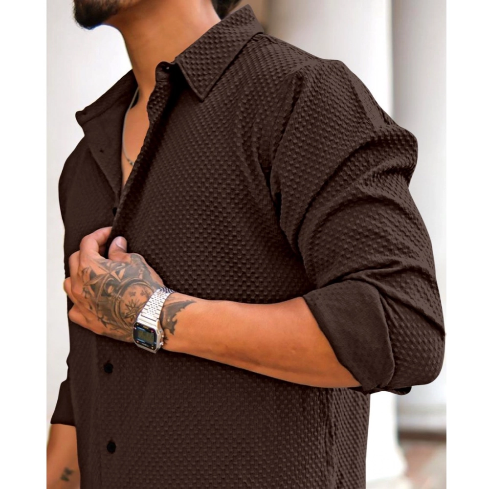 Men's Casual Popcorn Self-design Full Sleeve Collar Shirt (Brown) - Image 3