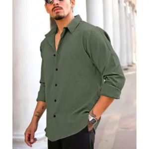 Men's Casual Popcorn Self-design Full Sleeve Collar Shirt (Green)