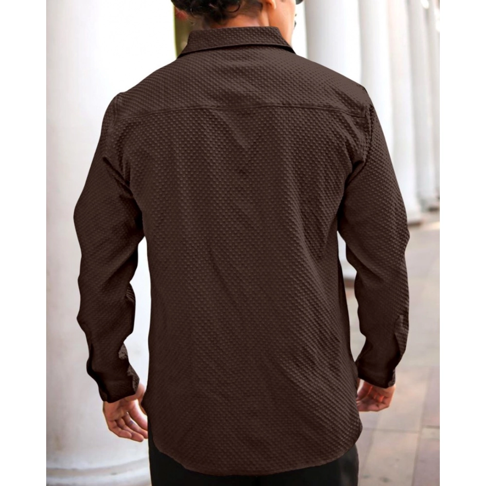 Men's Casual Popcorn Self-design Full Sleeve Collar Shirt (Brown) - Image 4