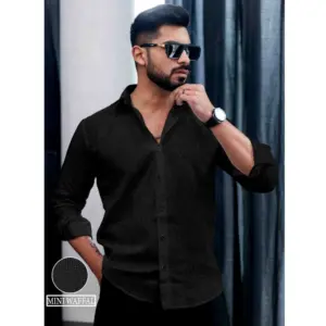 Men's Casual PollyCotton Textured Full Sleeve Collar Shirt (Black)