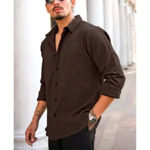 Men's Casual Popcorn Self-design Full Sleeve Collar Shirt (Brown)