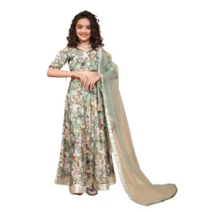 Girl's Chiffon Printed Lehenga Choli Set (Green)