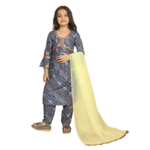 Girl's Maslin Embrodrery Lace Aliya Cut Top With Bottom Dupatta Set (Blue)